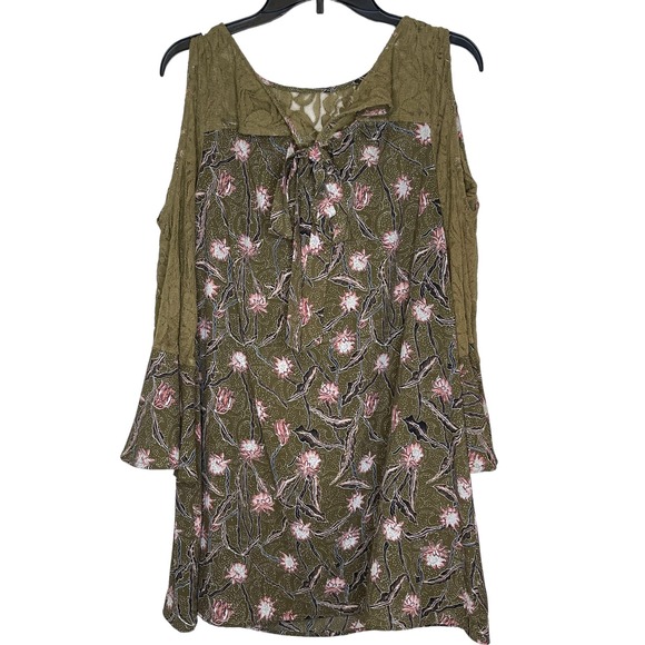 Entro Women's Top Floral Sheer Lace Cold Shoulder Flare Sleeves Green/Pink Small - Picture 12 of 12